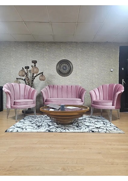 Istiridye Takım Krom Kaplama Telli Ayak Çay Seti Koltuk Takımı Pembe Renk 110 x 48 Boyut/ebat