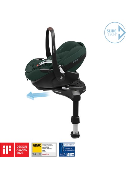 Pebble 360 Pro Dünyanın Ilk Kızaklı, Araç Dışına Çıkabilen Adac'lı 360 Dönebilen Tam Yatabilen Isofix Bazalı Ana Kucağı ve Bebek Oto Koltuğu 0-13 kg Twillic Green