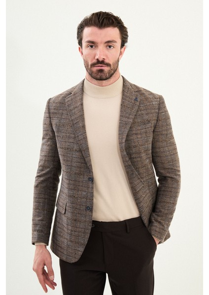 Ekoseli Slim Fit Mono Yaka Yün Erkek Ceket
