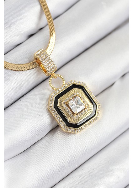 Zirkon Taşlı Siyah Detaylı Baget Model Gold Renk Kadın Kolye - EBJ250902W37694