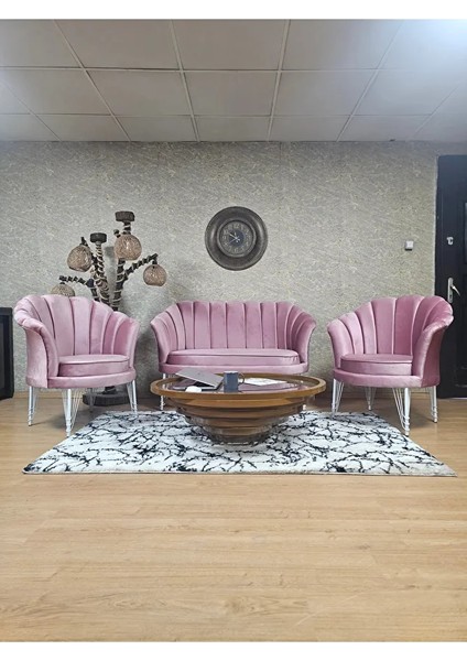 Istiridye Takım Beyaz Boyalı Telli Ayak Çay Seti Koltuk Takımı Pembe Renk 110 x 48 Boyut/ebat