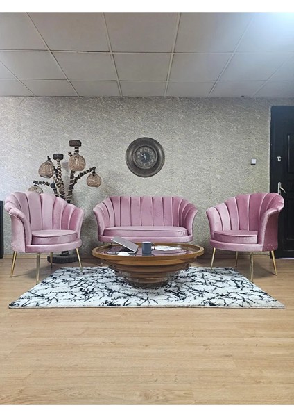 Istiridye Takım Gold Kaplama Sivriltme Ayak Çay Seti Koltuk Takımı Pembe Renk 110 x 48 Boyut/ebat