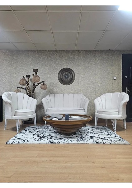 Istiridye Takım Beyaz Boyalı Telli Ayak Çay Seti Koltuk Takımı Krem Renk 110 x 48 Boyut/ebat