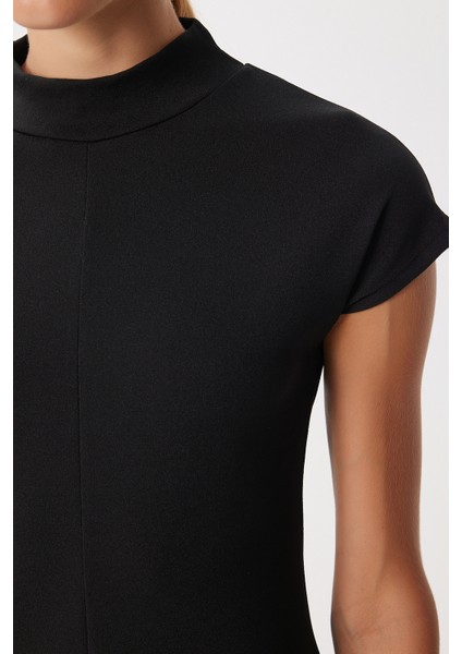Dik Yaka Kloş Midi Örme Elbise LUB0223 Siyah fırsatları