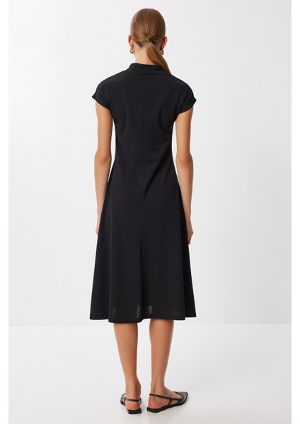 Dik Yaka Kloş Midi Örme Elbise LUB0223 Siyah indirimleri