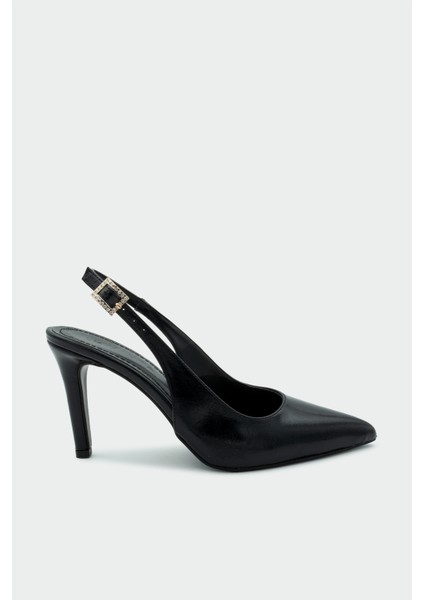 Teepy Siyah Kemer Detay Sivri Burun Kadın Topuklu Ayakkabı