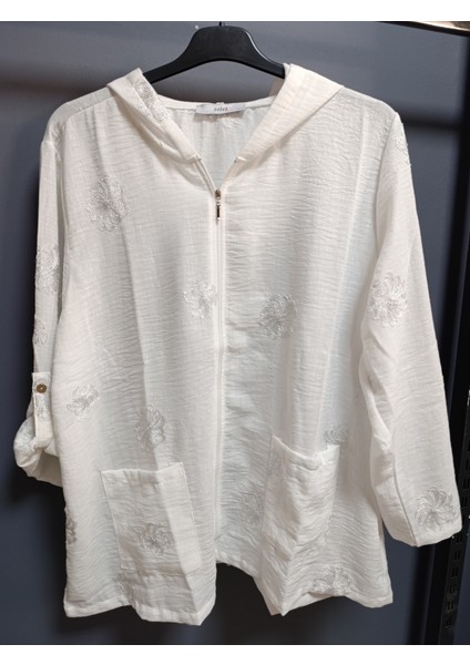 Büyük Beden % 100 Pamuk Keten Simli Çiçek Nakışlı 80 cm Basen Kapatan Boyda Kapüşonlu Ceket