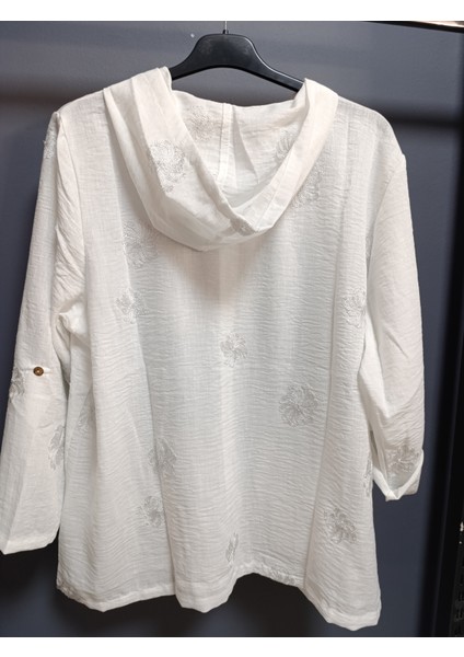 Büyük Beden % 100 Pamuk Keten Simli Çiçek Nakışlı 80 cm Basen Kapatan Boyda Kapüşonlu Ceket fiyatları