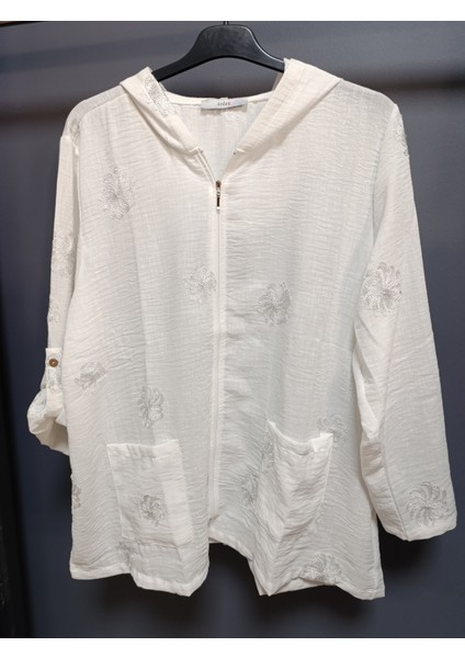 Büyük Beden % 100 Pamuk Keten Simli Çiçek Nakışlı 80 cm Basen Kapatan Boyda Kapüşonlu Ceket modelleri