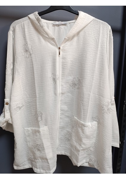 Büyük Beden % 100 Pamuk Keten Simli Çiçek Nakışlı 80 cm Basen Kapatan Boyda Kapüşonlu Ceket fırsatları