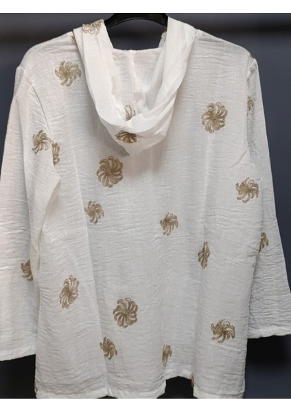 Büyük Beden % 100 Pamuk Keten Simli Çiçek Nakışlı 80 cm Basen Kapatan Boyda Kapüşonlu Ceket