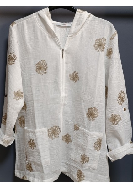 Büyük Beden % 100 Pamuk Keten Simli Çiçek Nakışlı 80 cm Basen Kapatan Boyda Kapüşonlu Ceket fiyatları