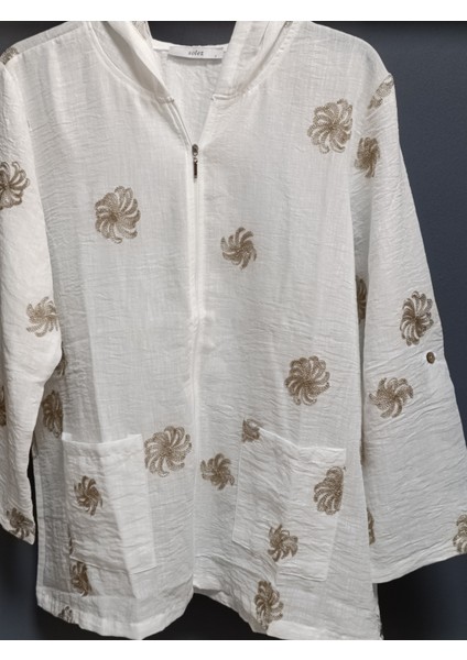 Büyük Beden % 100 Pamuk Keten Simli Çiçek Nakışlı 80 cm Basen Kapatan Boyda Kapüşonlu Ceket modelleri