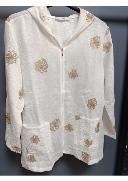 Büyük Beden % 100 Pamuk Keten Simli Çiçek Nakışlı 80 cm Basen Kapatan Boyda Kapüşonlu Ceket fırsatları