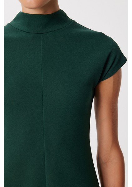 Dik Yaka Kloş Midi Örme Elbise LUB0223 Zümrüt Yeşili modelleri