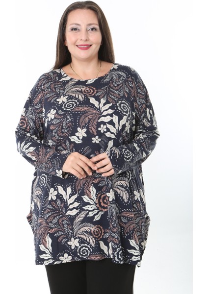 Kadın Likralı Yünlü Viskon Desenli Büyük Beden Tunik