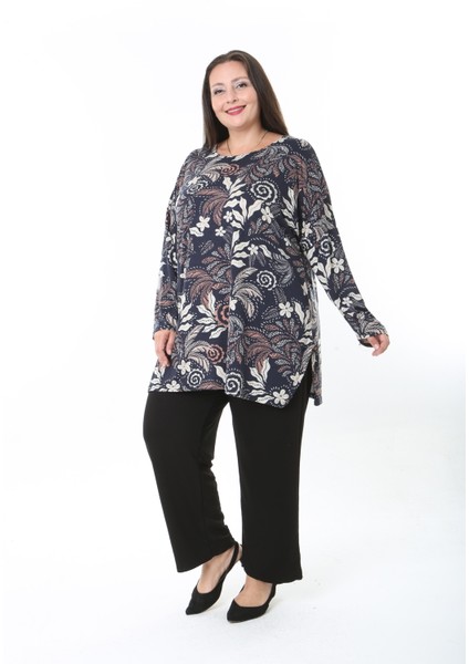 Kadın Likralı Yünlü Viskon Desenli Büyük Beden Tunik