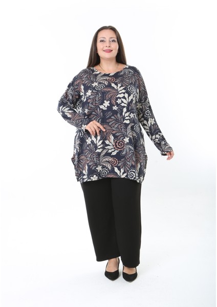 Kadın Likralı Yünlü Viskon Desenli Büyük Beden Tunik