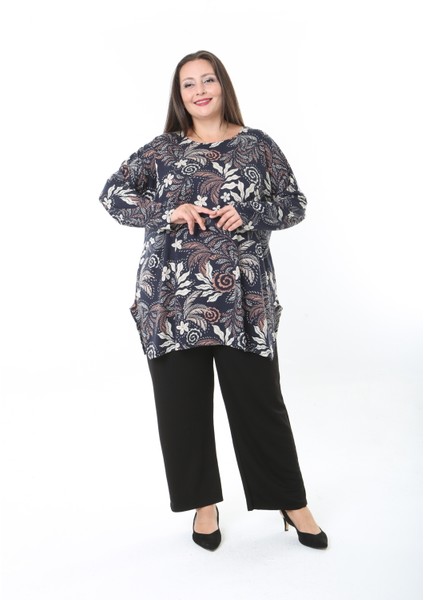 Kadın Likralı Yünlü Viskon Desenli Büyük Beden Tunik