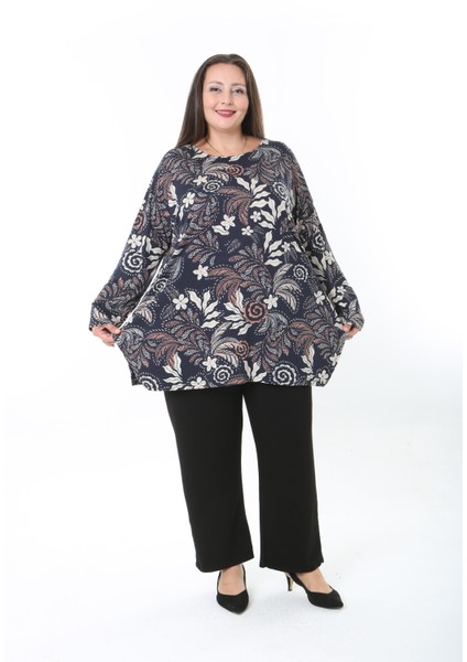 Kadın Likralı Yünlü Viskon Desenli Büyük Beden Tunik