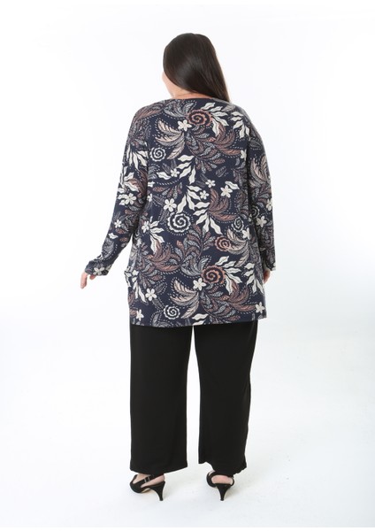 Kadın Likralı Yünlü Viskon Desenli Büyük Beden Tunik