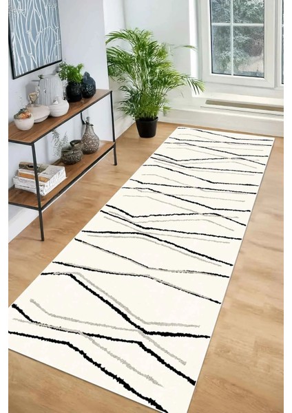 Dijital Kaymaz Yıkanabilir Krem Siyah & Vizon Çizgili Salon Halısı Mutfak Halısı Yolluk DC-7355