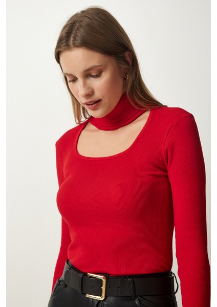 Cut Out Detaylı Balıkçı Yaka Fitilli Örme Bluz LGT0035 Kırmızı fiyatları