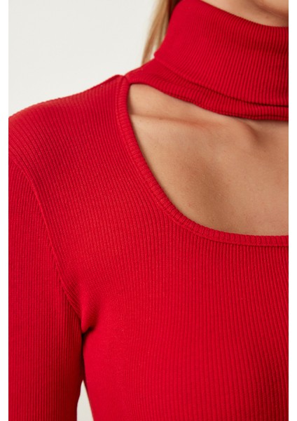 Cut Out Detaylı Balıkçı Yaka Fitilli Örme Bluz LGT0035 Kırmızı fırsatları