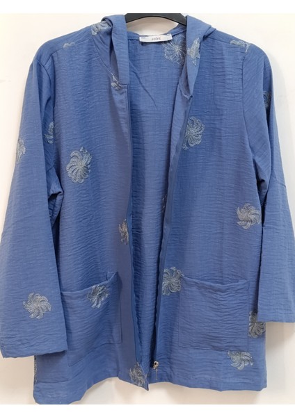 Büyük Beden % 100 Pamuk Keten Simli Çiçek Nakışlı 80 cm Basen Kapatan Boyda Kapüşonlu Ceket