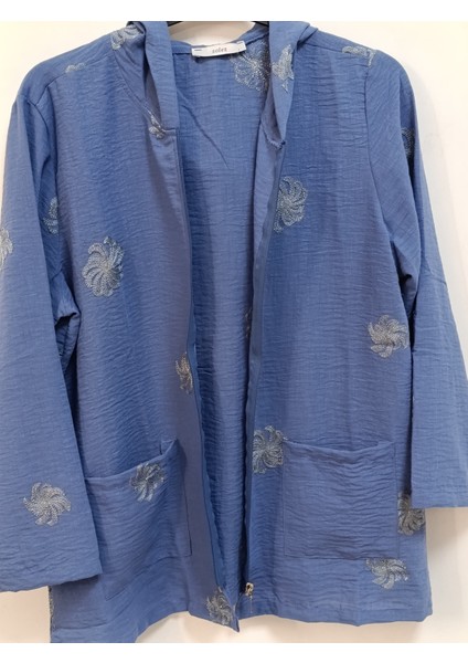 Büyük Beden % 100 Pamuk Keten Simli Çiçek Nakışlı 80 cm Basen Kapatan Boyda Kapüşonlu Ceket fiyatları