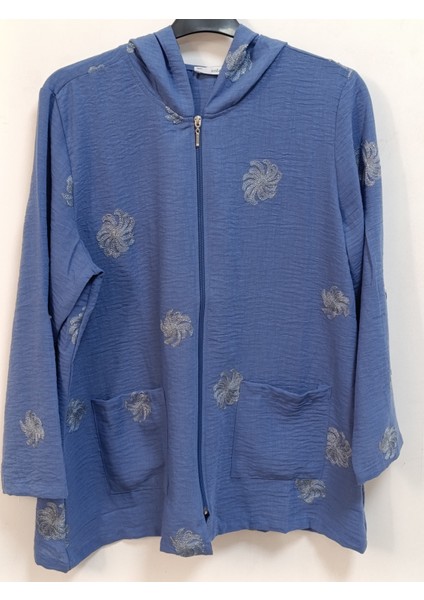 Büyük Beden % 100 Pamuk Keten Simli Çiçek Nakışlı 80 cm Basen Kapatan Boyda Kapüşonlu Ceket modelleri