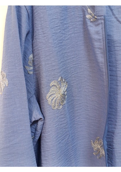 Büyük Beden % 100 Pamuk Keten Simli Çiçek Nakışlı 80 cm Basen Kapatan Boyda Kapüşonlu Ceket fırsatları