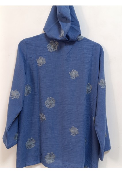 Büyük Beden % 100 Pamuk Keten Simli Çiçek Nakışlı 80 cm Basen Kapatan Boyda Kapüşonlu Ceket indirimleri