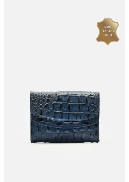 Hakiki Croco Deri Nero Kadın Cüzdan Cüzdan 13X9 Cm, Arka Fermuarlı, Çift Çıtçıtlı