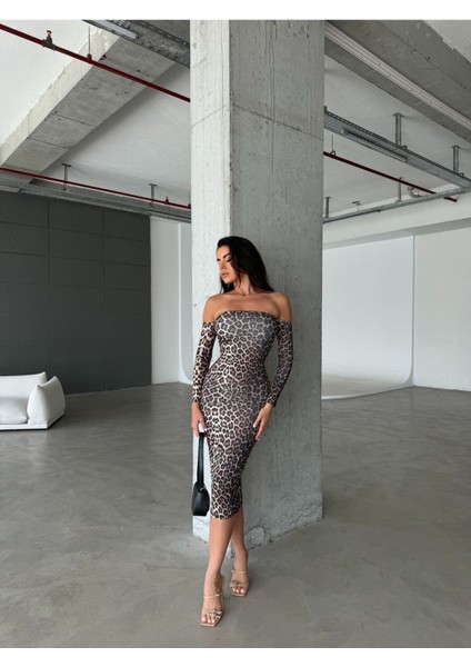 Uzun Kollu Midi Boy Leopar Elbise