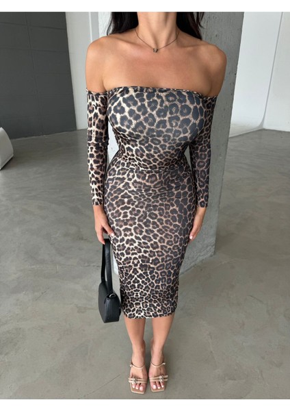 Uzun Kollu Midi Boy Leopar Elbise fiyatları