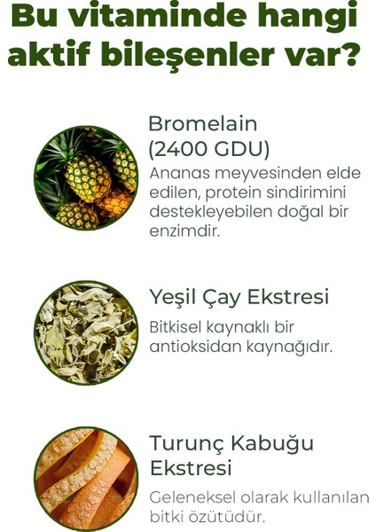 Bromelain Yeşil Çay, Turunç Meyve Kabuğu Ekstratı ve Krom Içeren Takviye Edici Gıda 60 Tablet