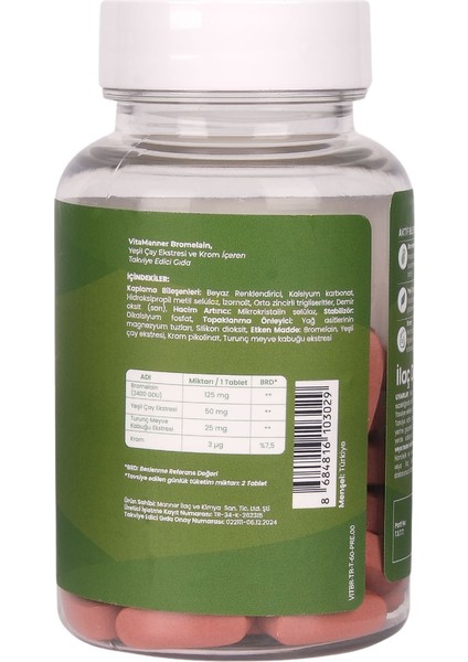 Bromelain Yeşil Çay, Turunç Meyve Kabuğu Ekstratı ve Krom Içeren Takviye Edici Gıda 60 Tablet