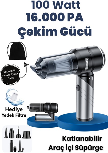 Yeni 16000PA Güçlü Portatif Vakumlu ve Üflemeli Katlanabilir Araç Içi Süpürge Pro HL-121 indirimleri