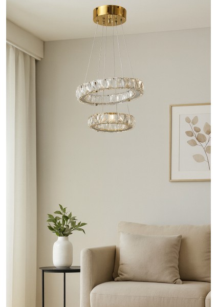 Alfa Gold Kristal Taşlı 3 Renk Işıklı Modern Salon Avize