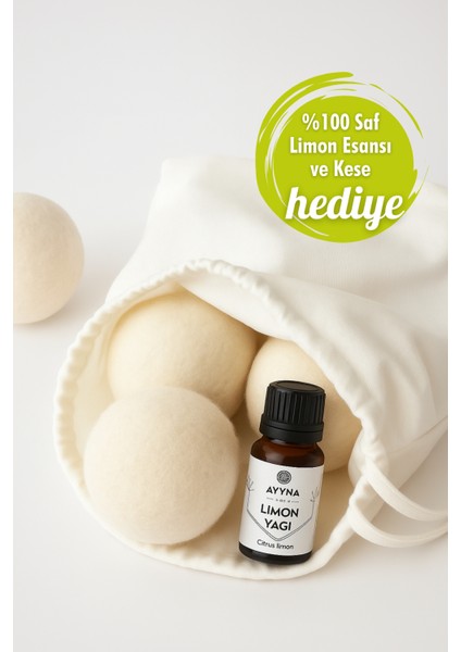 3'lü Çamaşır Yün Kurutma Topu + %100 Saf Limon Esansı Doğal Yumuşatıcı - Kırışık Giderici - Kurutma Makinesi için