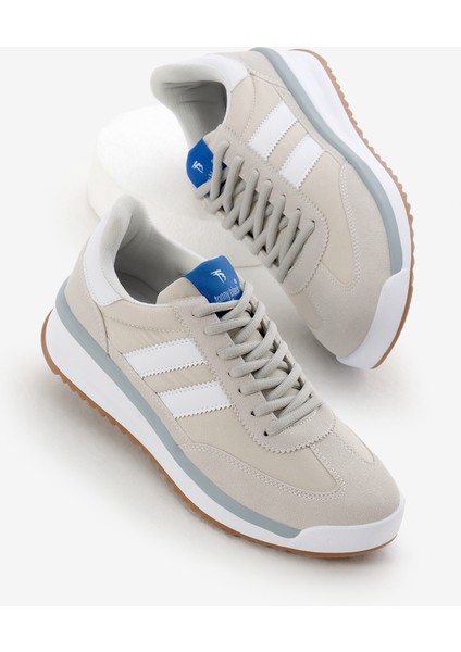 Unisex Gri Beyaz Termo Taban Çift Şeritli Bağcıklı Spor Ayakkabı