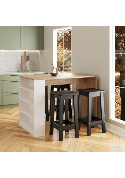 Pablo G4911 4 Adet Siyah Tabureli Bar Masası Sepet Beyaz 4 Raflı Açık Depolamalı Çok Amaçlı Masa