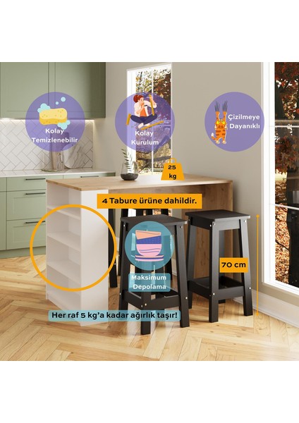 Pablo G4911 4 Adet Siyah Tabureli Bar Masası Sepet Beyaz 4 Raflı Açık Depolamalı Çok Amaçlı Masa fiyatları