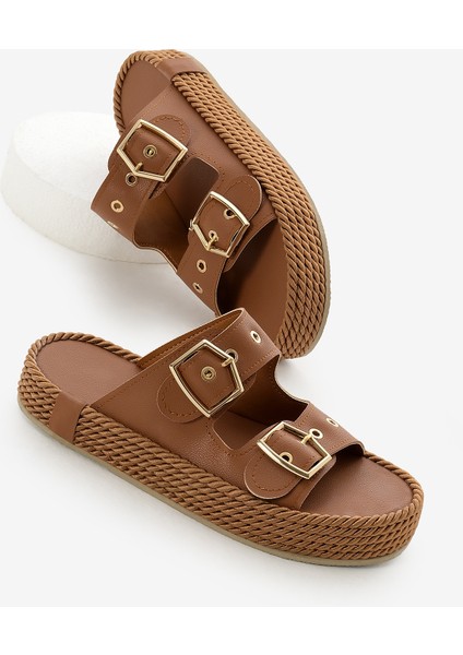Kadın Taba Halat Detaylı Yüksek Taban Çift Tokalı Terlik