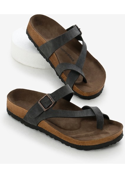 Kadın Füme Rahat Kalıp Poli Taban Çapraz Model Nubuk Parmak Arası Terlik