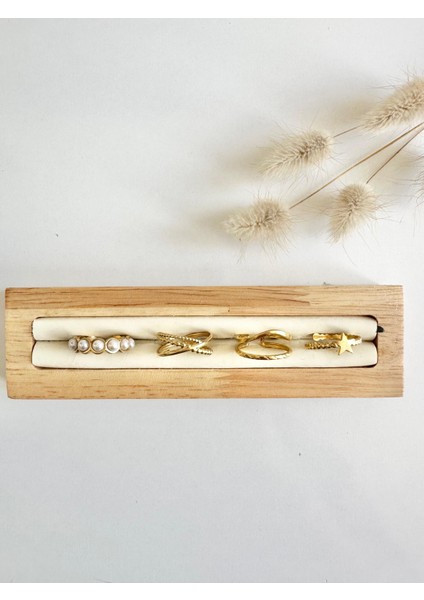 Kararmaz Çelik Inci Detaylı 4'lü Ayarlanabilir Yüzük Seti