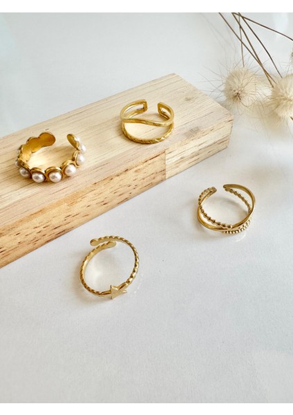 Kararmaz Çelik Inci Detaylı 4'lü Ayarlanabilir Yüzük Seti modelleri