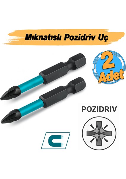 Pozidriv Uç (2 Adet) Mıknatıslı Bits Pz2 50 mm Vida Sökme 5 cm Yıldız Matkap Vidalama Ucu S2 Çeliği