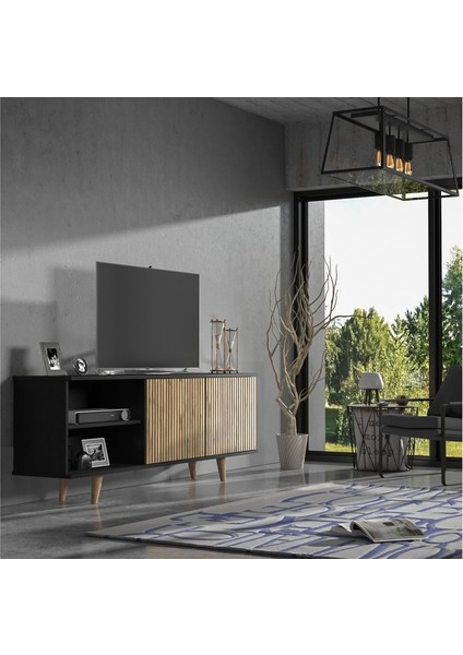 Hunerika Toledo Zebra Kapak Premium Tv Ünitesi - Minifiks -Wood Siyah / Atlantik Çam